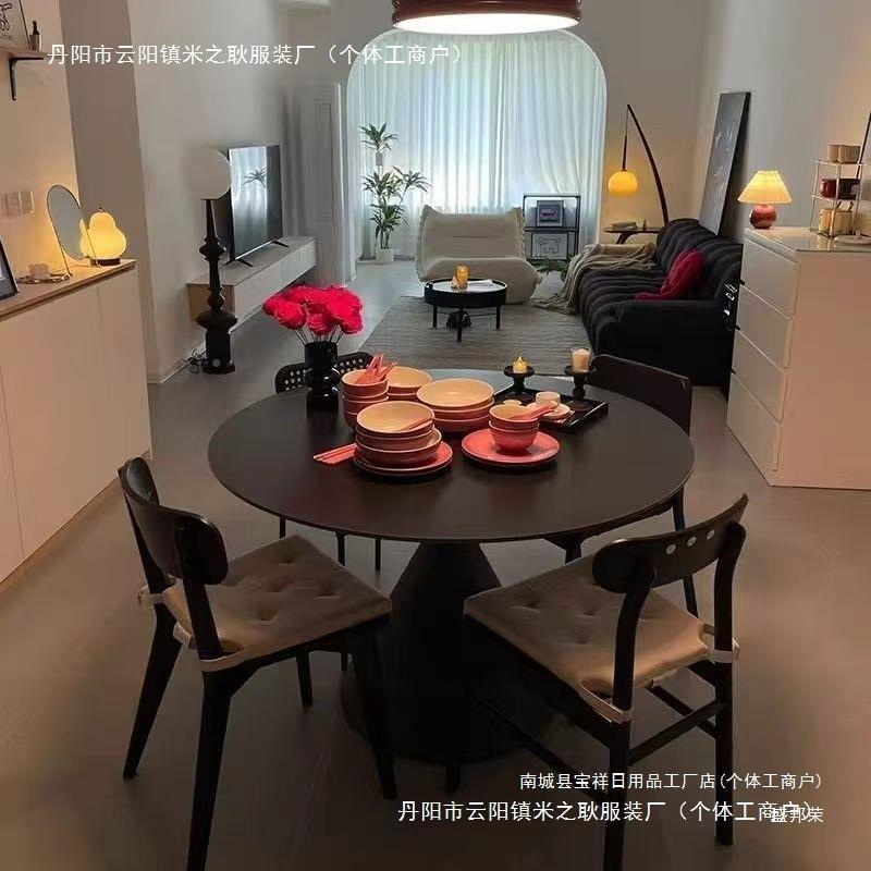 法式奶油岩板圆形餐桌家居户现代简家约圆桌风小型用饭zxasdws桌