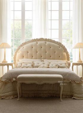 法式廷实木雕花双人床欧式布艺扣公宫主床ZYL复古白色描金家别拉