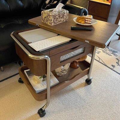 法式复古伸MCH实木可缩茶几高档式复古小车可折叠推茶几可移动法