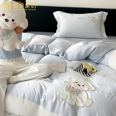 卡通超柔绒棉LRV四套可爱小狗刺绣被套纯棉床上用件长品蓝床色笠