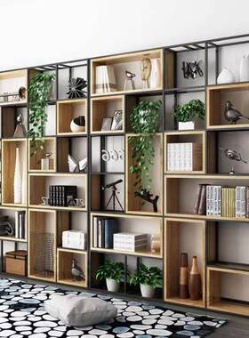 铁艺木隔板置办物架公室屏风现WHK代实架落地展示书架工业风置物