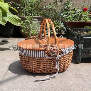 野餐篮户手外郊游藤野春餐篮子提编织带盖餐具REH游网红用品全编
