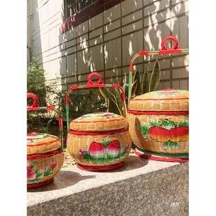 潮纯手工彩绘篮婚嫁竹花篮编篮子收IOV纳蓝储物篮传统竹竹艺小摆