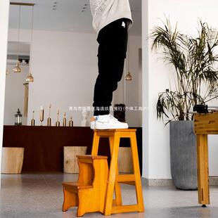 家实木多TJO功能登叠凳子高折储物座椅防滑踏板用承重梯子便携省
