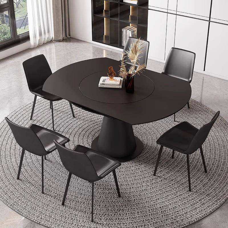 缩德利丰岩板桌餐桌方圆两可旋转伸圆家用小户型转盘纯黑AEF餐用