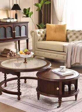 精m巧美式实木茶桌几组合|古带储物小圆几|E0级|厚30NXBm实复木面