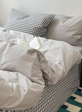 简约日灰格子纯棉四被件套色织件混搭全棉式水洗棉床单套床笠DVS