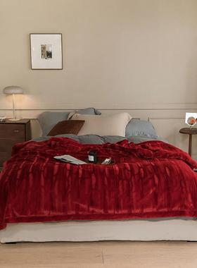 兔绒毛毯冬季仿裘皮双层加厚保暖XN202101盖毯被子红婚庆大兔结婚