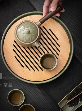 中式圆形茶办盘简陶瓷竹茶制储水式干泡盘公室茶具约CP-22042小台