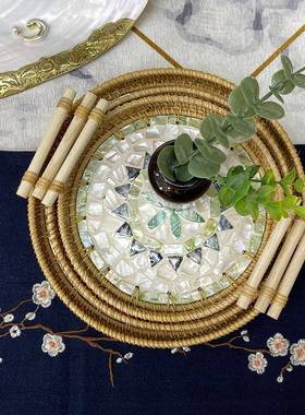 藤编盘贝壳圆盘深海彩贝提托双茶耳QQB美食水果盘面包篮创耳意民