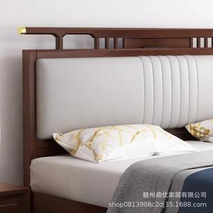 新2035 卧实木床金双人主卧婚床1.5米1.8乌软木包靠背室高箱 中式