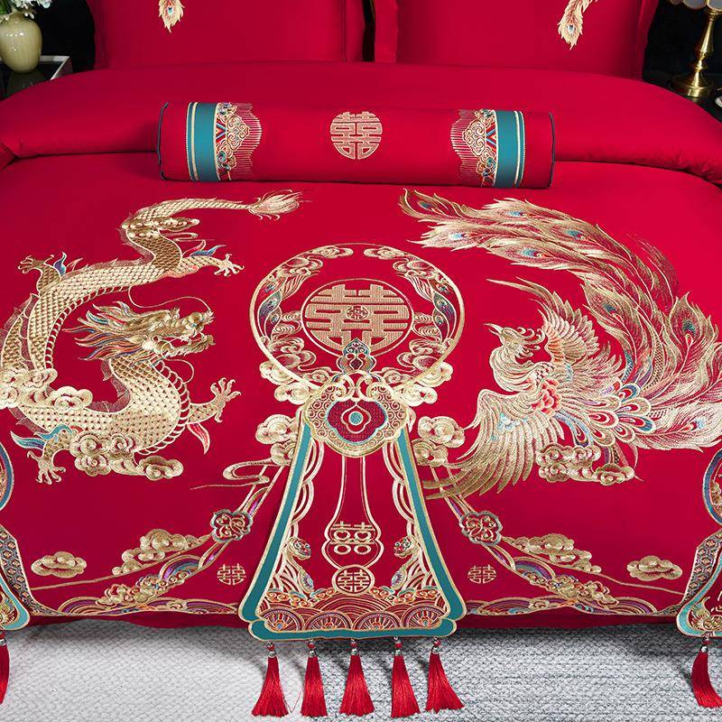 新式婚四件套庆327结婚正红色长绒床上龙凤刺绣被套女方中陪嫁棉