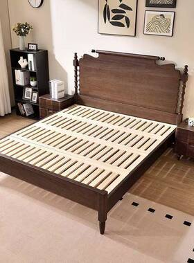 黑胡木美式实木法式复古中古风床1.8M双人箱卧室气压高榫卯DIJ大