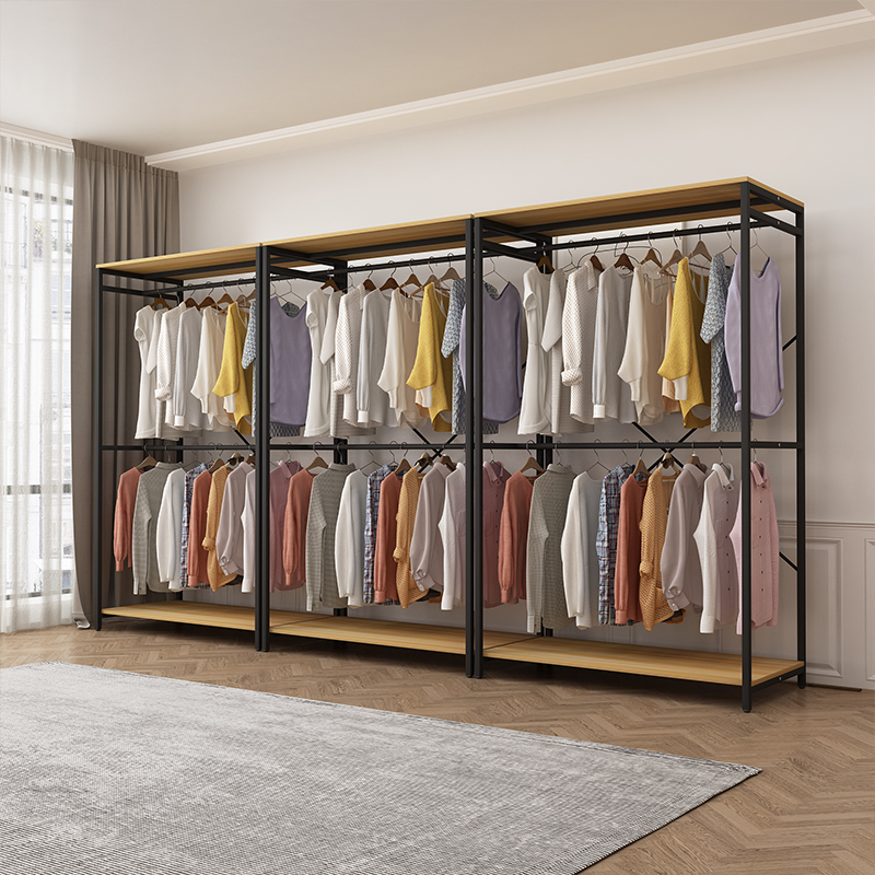 卧室挂衣架家用开放式衣柜租房上下两层落地衣帽间多功能置物帘子