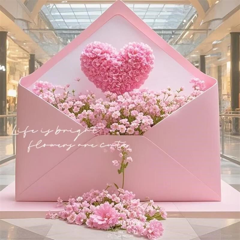 520告白美陈DP点花艺蝴蝶结信封背景墙装饰春季美陈商场婚礼布置