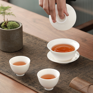 三才盖碗白瓷功夫茶具泡茶碗羊脂玉薄胎敬茶碗送两功夫茶杯礼盒装