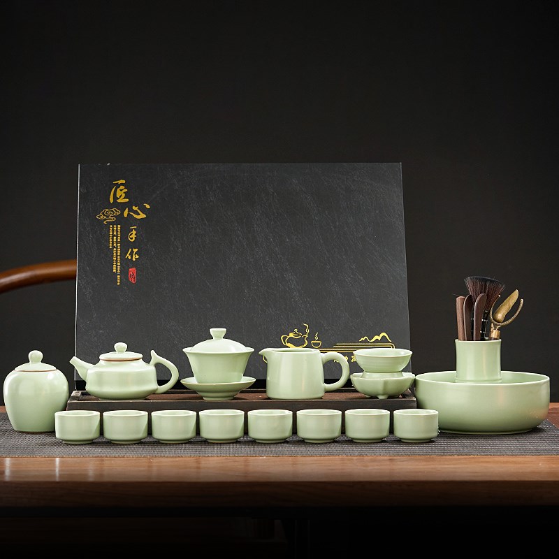 汝窑青韵功夫茶具可养开片整套茶具陶瓷家用泡茶壶中式纯色礼盒装