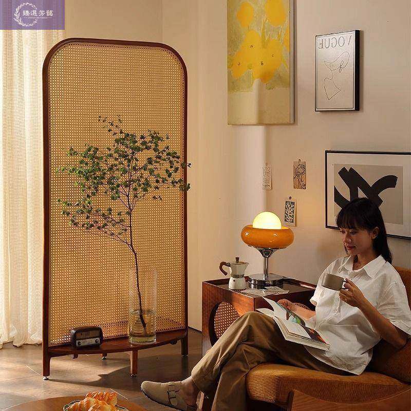 古代古PCC玄关入户屏编风隔断中复对古实木藤正门遮挡座屏日中式