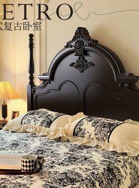 ir复美式床全TMI实木床双人床黑色1.5m1.8m古法式主卧