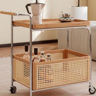 中古实木小车藤编不锈钢推滑轮餐车动边几可收985纳沙发储物置移