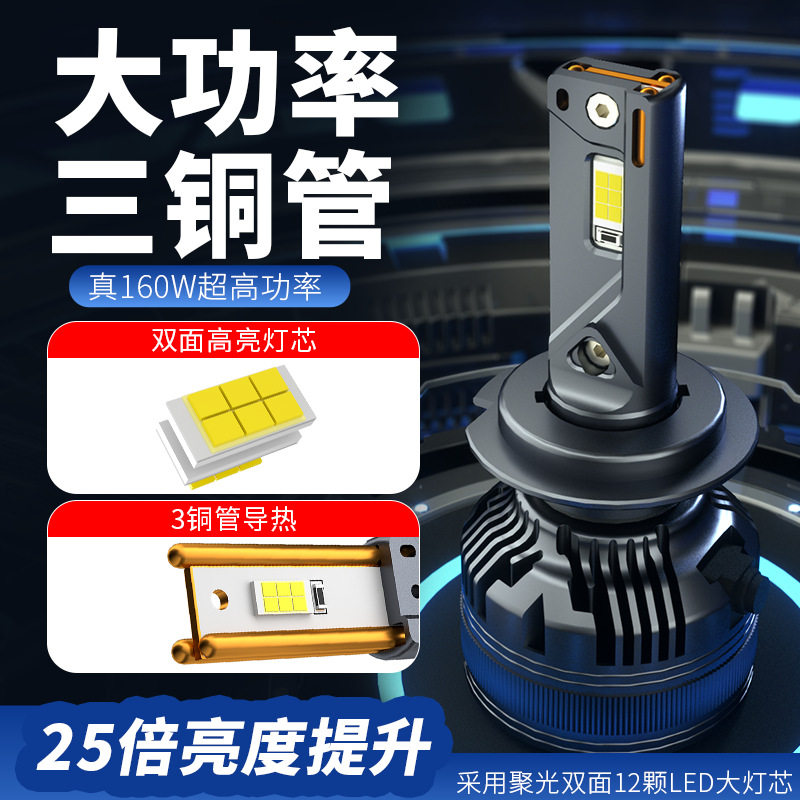 大功率三铜管汽车led大灯h7近光灯泡远近一体超亮h11强光9005车灯