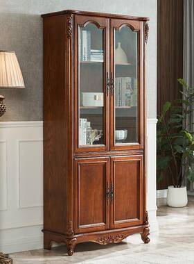 美式全实木DM2202书柜玻璃门储物房柜收纳边柜欧式书落地带柜客厅