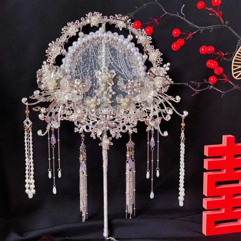 新娘团扇银色手工diy材料包结婚中式婚礼婚纱喜扇出嫁秀禾扇双面
