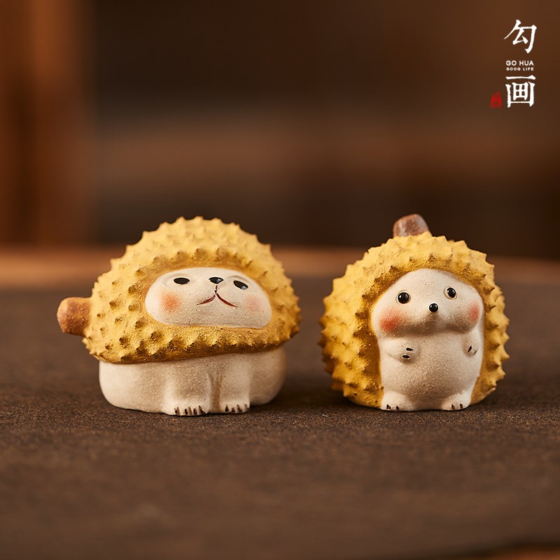 勾画紫砂茶宠小摆件手工茶玩精品可养功夫茶茶道配件榴莲刺猬猫咪