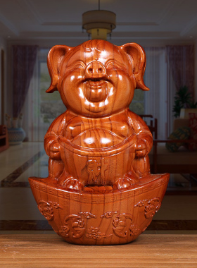 桃木十二生肖猪摆件招财实木雕刻工艺品创意客厅办公室车载装饰品