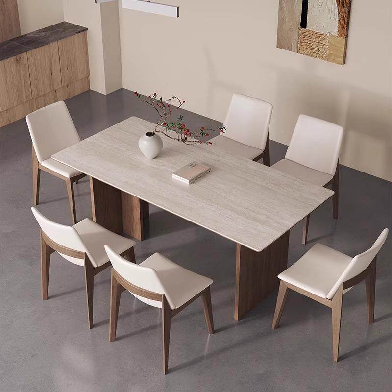 复INY古风洞石板岩餐椅组合家桌用小户实木饭桌黑胡型桃木长方形