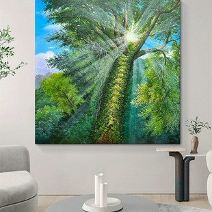 丁达尔效应手绘油画绿色参天大树肌理客厅装饰画卧室玄关方形挂画