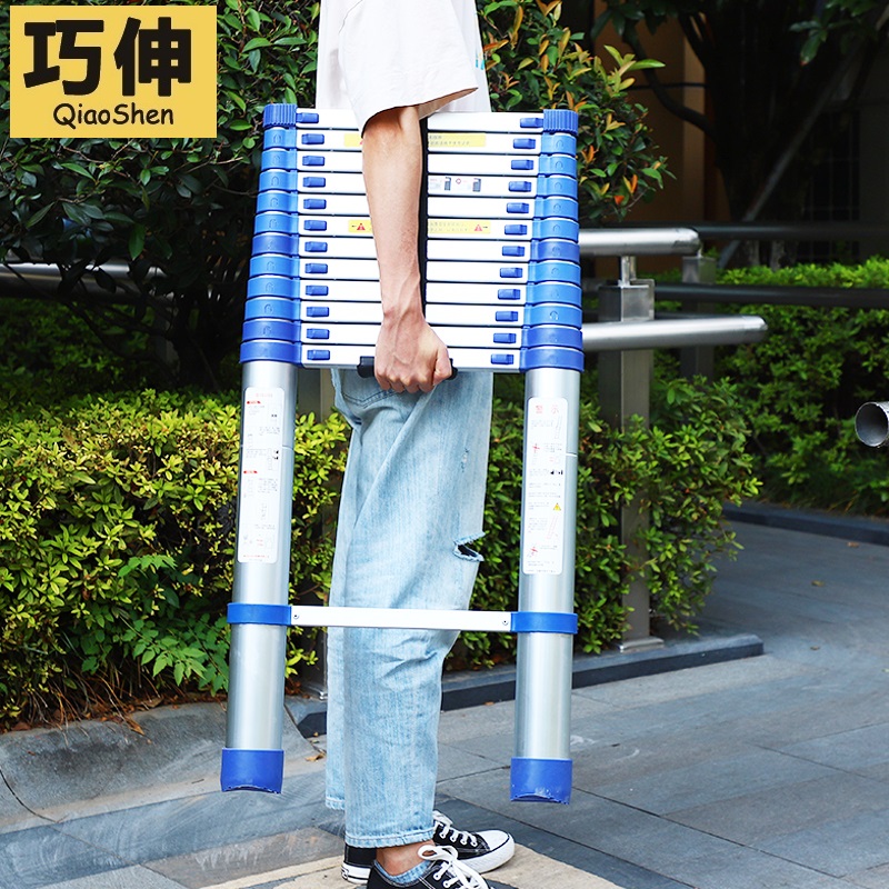 巧伸蓝色加厚铝合金伸缩梯子家用直梯竹节梯工程折叠单面梯8米5米