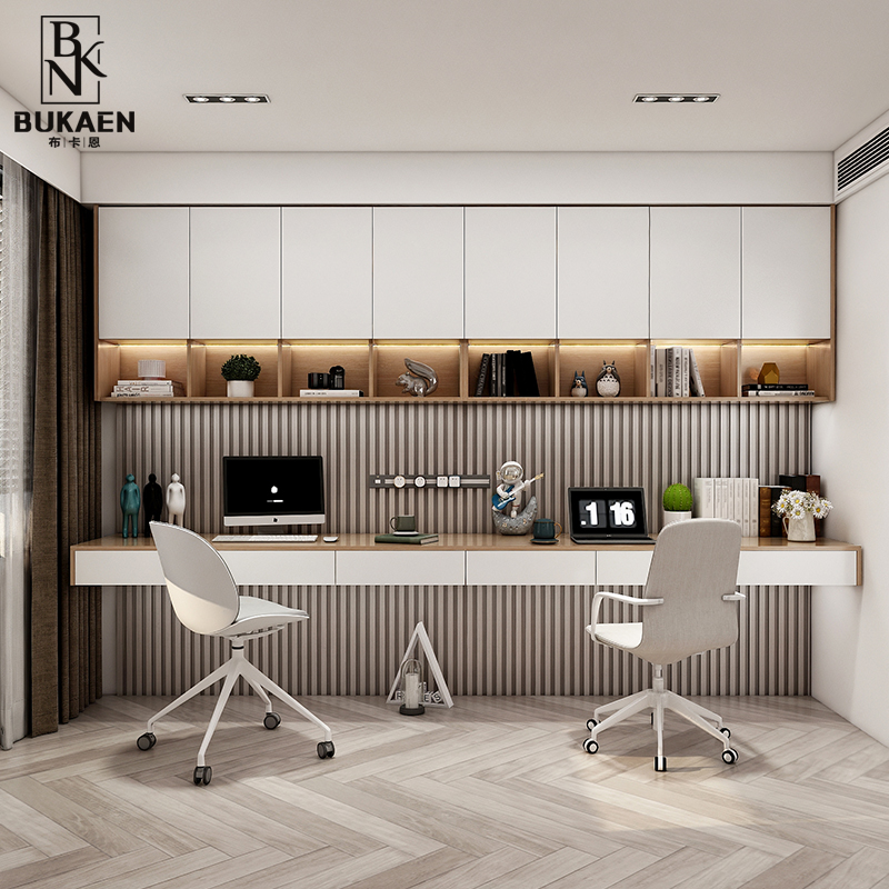 现代简约双人书桌书架一体组合柜学习桌学生家用玻璃门书柜定制