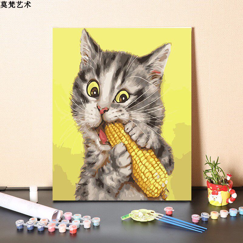 数字油画diy手工填充可爱笑脸猫咪手绘涂色儿童房小猫丙烯油彩画