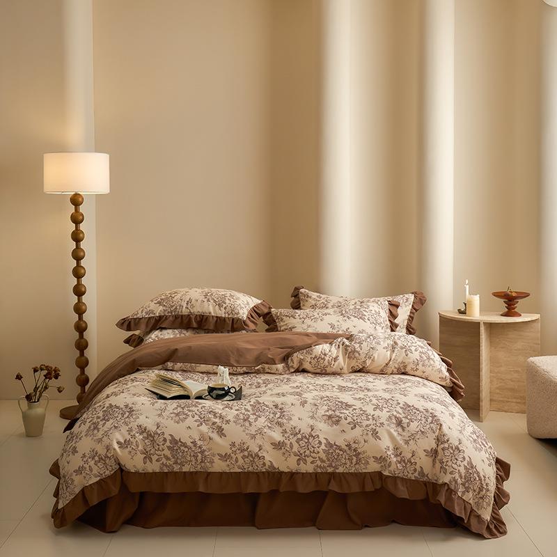 复风纯棉全棉磨古毛床3971裙款四套秋冬季法式印花加厚件被套00支