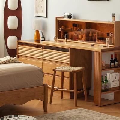 樱桃木欧拉木梳妆台33360斗柜一体可移动实油奶风卧室床化妆尾桌