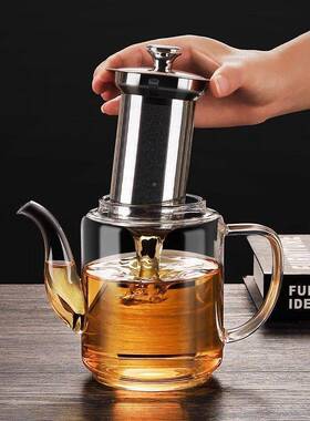 围炉碳烤茶煮茶壶高硼LWR耐底热玻硅璃泡壶不锈钢漏茶水分离平方