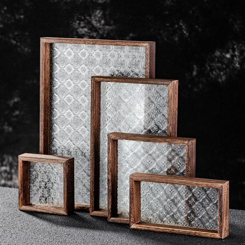 覆古海棠花玻璃托盘长方形家用点心木质放茶水杯子茶具托盘茶盘,餐饮具,餐用托盘,淘宝优惠券,粉丝福利购,淘宝优惠卷