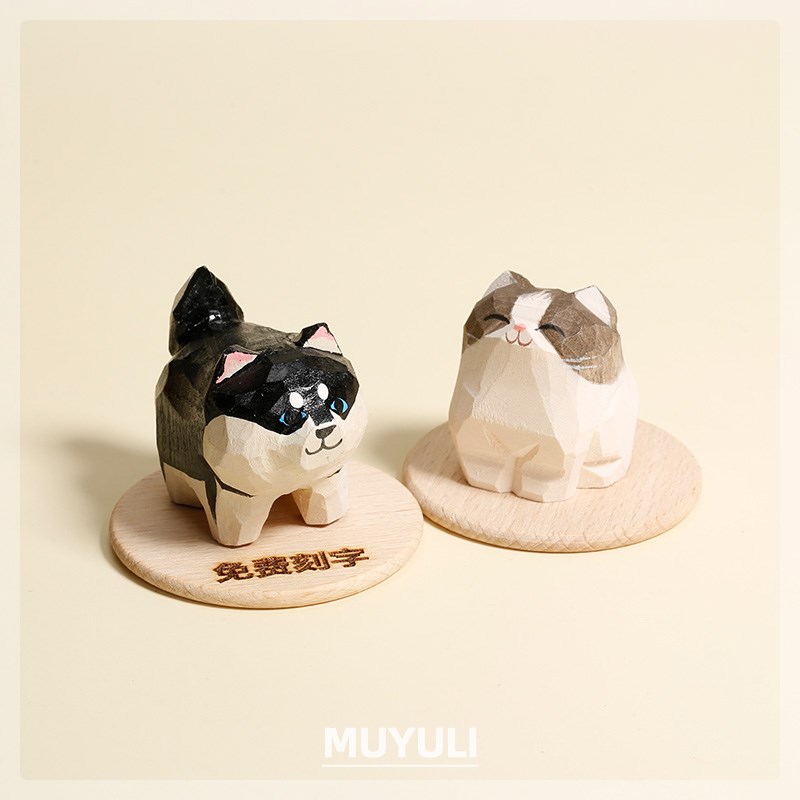 手工木雕小狗小猫咪摆件哈士奇二哈布偶治愈情绪摆件工位电脑摆件