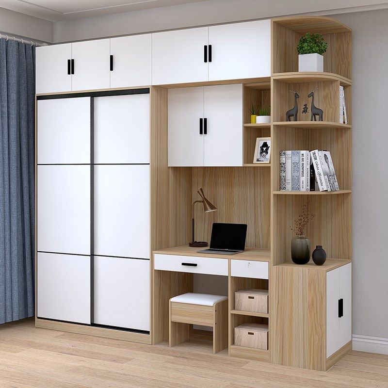 推拉门衣柜书桌一体组合家用卧室小户型一半书柜一半衣柜移门衣橱