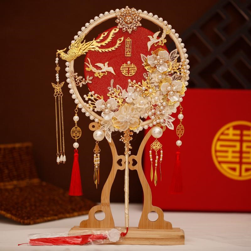 结婚扇子中式手工diy高级感出嫁团扇新娘双面婚扇秀禾红色手捧花