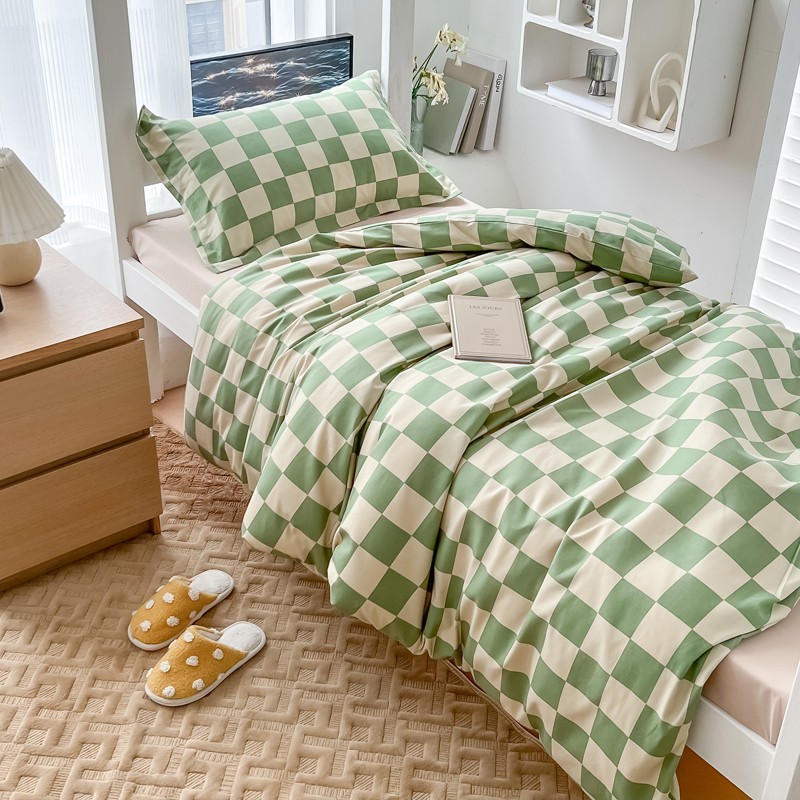 凯豪学生宿舍床上用品三件套床单被套纯色格子亲肤水洗棉简约