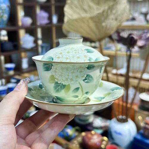 米黄汝窑三才盖碗茶杯家用大容量小清新泡茶碗功夫茶碗绣球花茶具