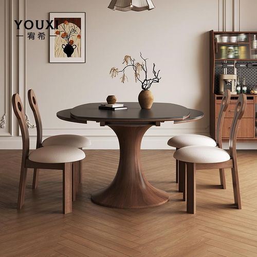 法式中古风实木折叠餐桌现代简约家用高端岩板方圆可变伸缩圆饭桌