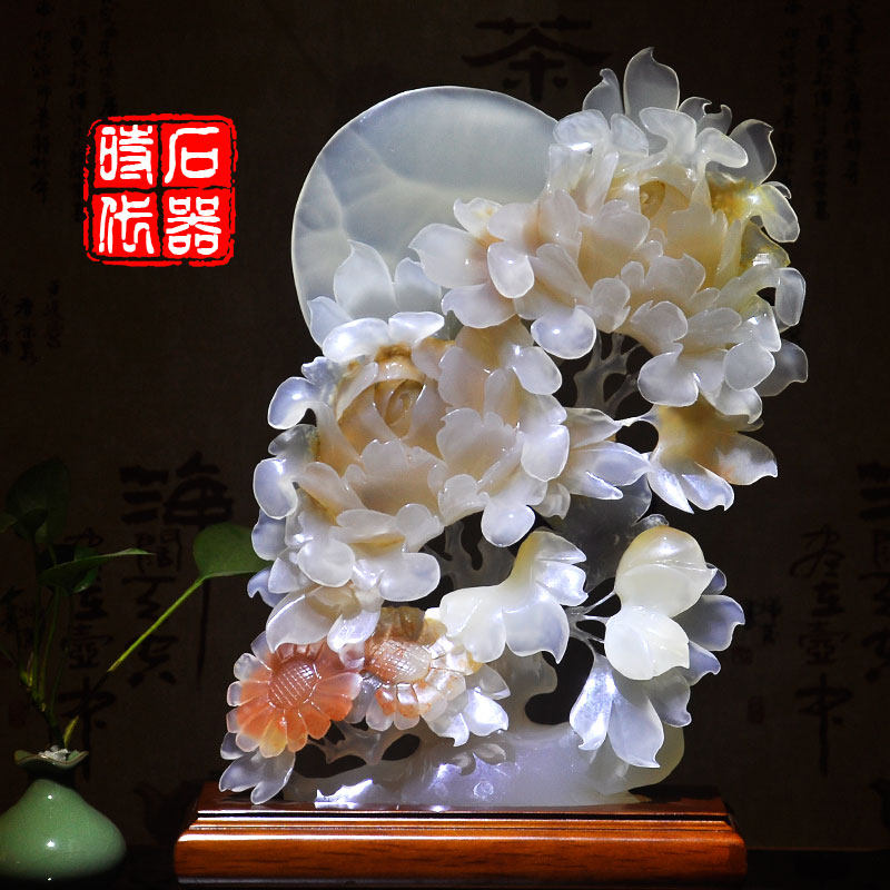天然玉石花好月圆摆件雕刻工艺结婚礼品中式家居客厅玄关装饰摆设