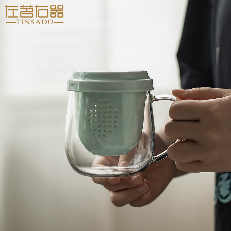 左茗右器过滤泡茶杯陶瓷茶水分离办公杯子家用玻璃杯把手水杯带盖