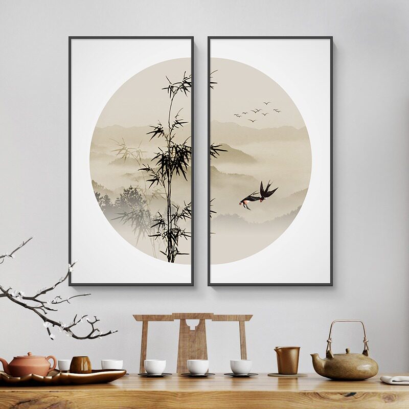 茶室背景墙装饰画高档大气山水画客厅壁画水墨风景墙壁沙发挂画新