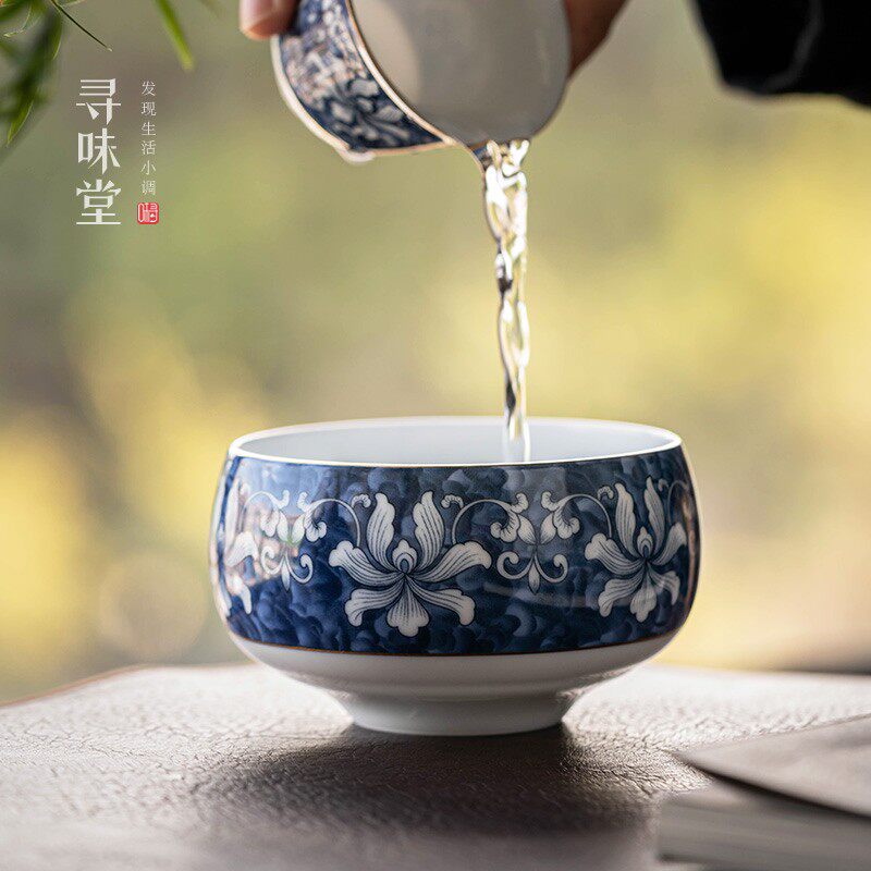 描金青花瓷茶洗高档杯洗釉下彩锦上添花茶水盆青花功夫茶具茶道