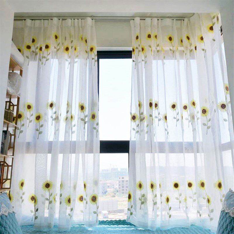 客厅卧室田园风格小清新纱帘落地窗窗纱向日葵窗帘布料绣花白纱帘