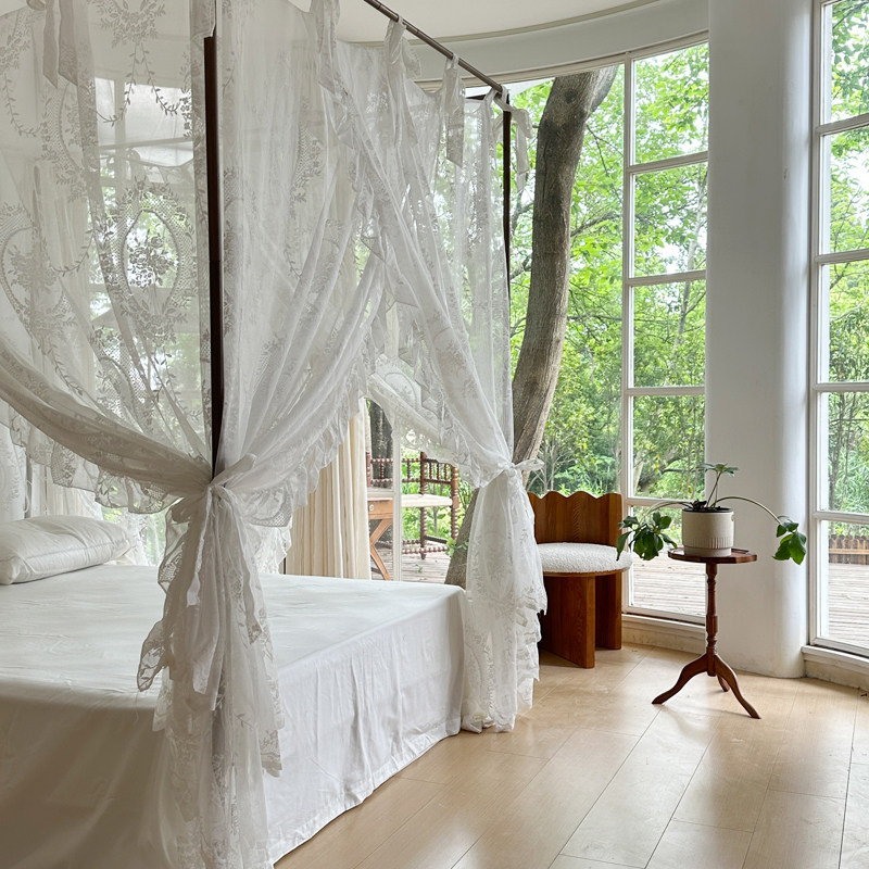 2023法式蕾丝奶油白家用宫廷蚊帐三开落地1.5米老式绑绳床幔防尘,床上用品,蚊帐,淘宝优惠券,粉丝福利购,淘宝优惠卷